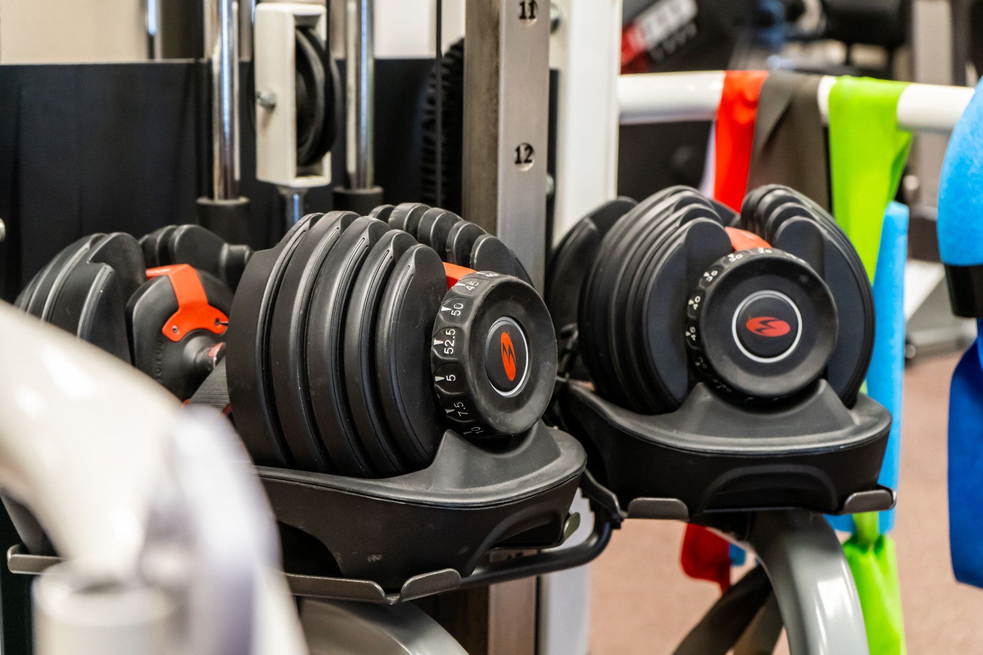 a pair of dumbbells sitting on top of a rack in a physical therapy office
