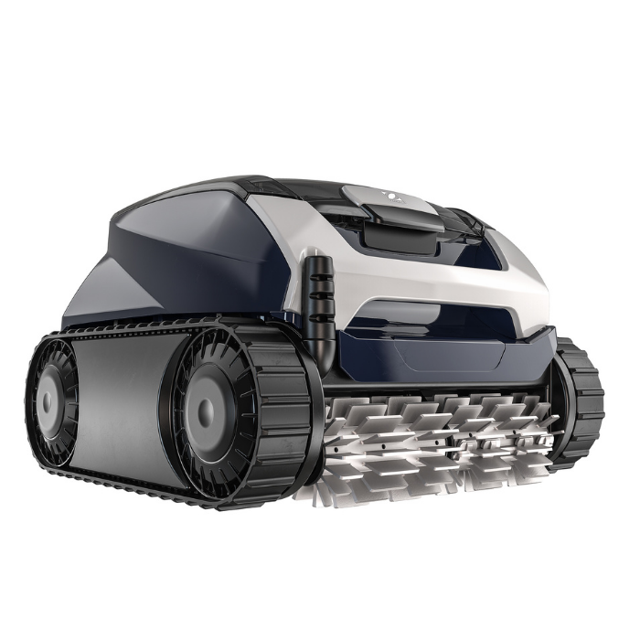 Futuristic gray tracked robot vehicle with tank treads on a white background