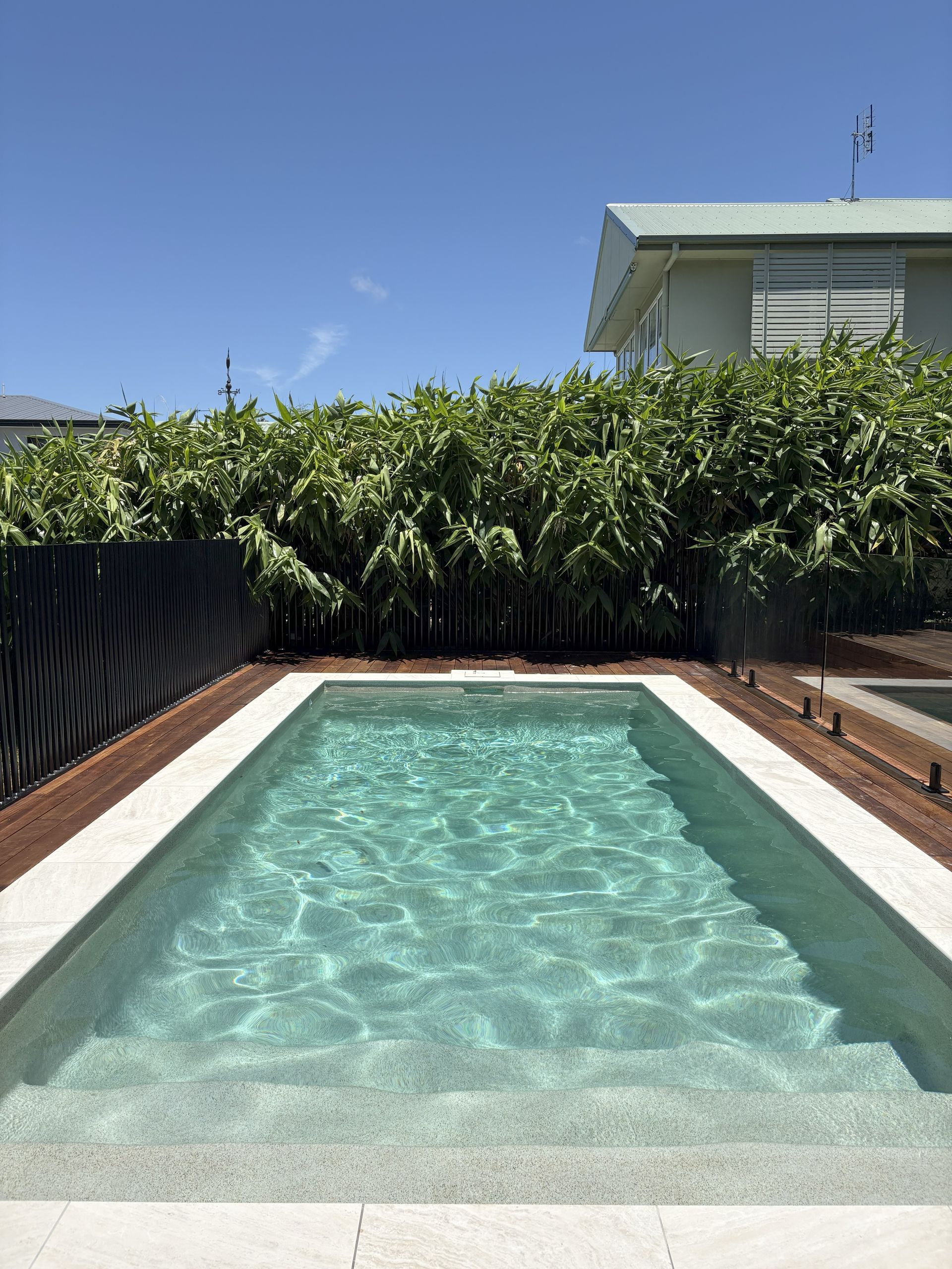 Small backyard swimming pool bordered by brick, with green hedges and a house under a clear blue sky.