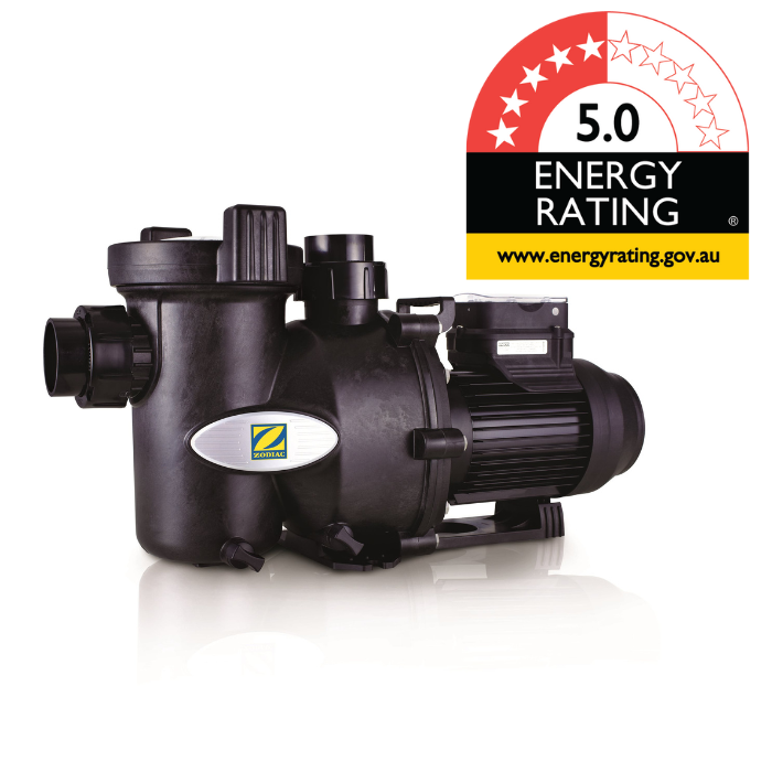 Black pool pump with 5.0 energy rating label on white background