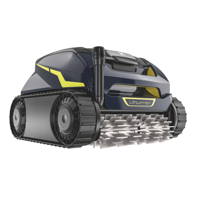 Gray and yellow tracked robotic vacuum with front brush on a white background