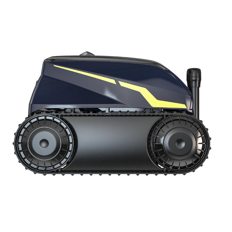 Compact black wheeled robot with yellow lightning stripe on a white background