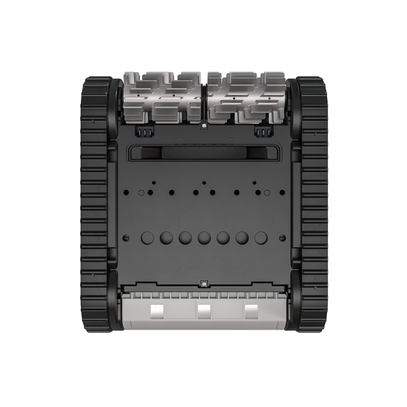 Front view of a small tracked robot chassis with black treads and silver body, centered on white background