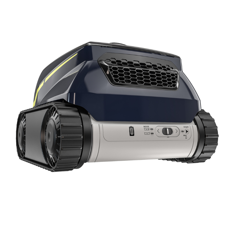 Compact dark gray robotic pool cleaner with black treads and front vent, shown on a white background