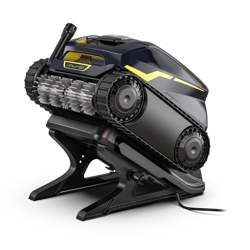 Black and gray futuristic tracked robot on a stand with yellow accents