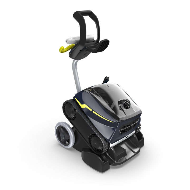 Compact black and gray push mobility scooter with yellow accents, shown on a white background