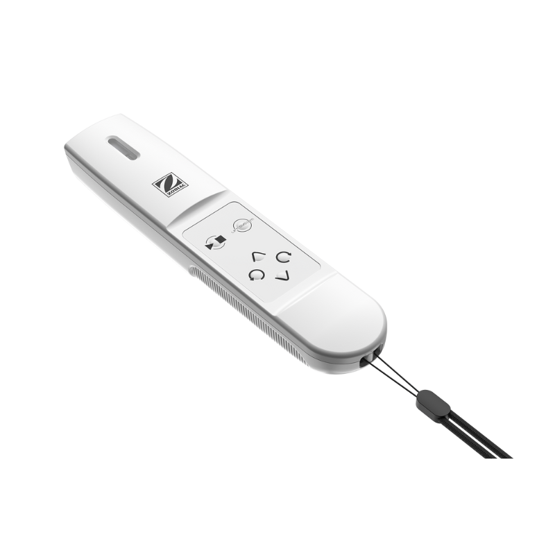 White handheld remote control with buttons and a black lanyard attached