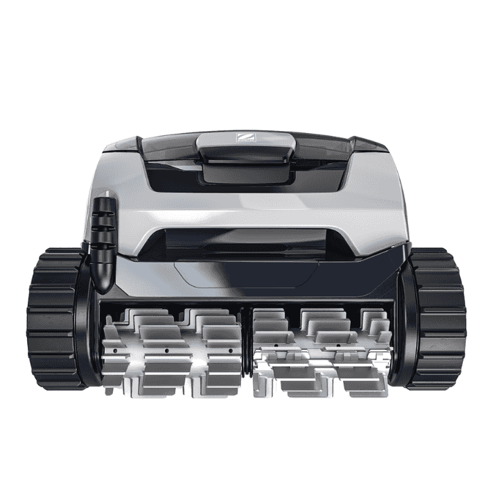 Silver and black robotic vacuum cleaner with tank treads and front brushes