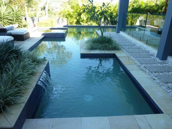 Modern backyard pool with clear water, lounge chairs, and lush tropical landscaping