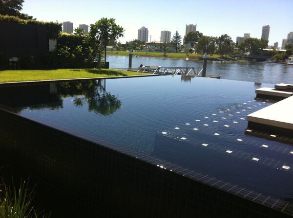 Modern infinity pool beside a river, reflecting trees and skyline under a bright sky