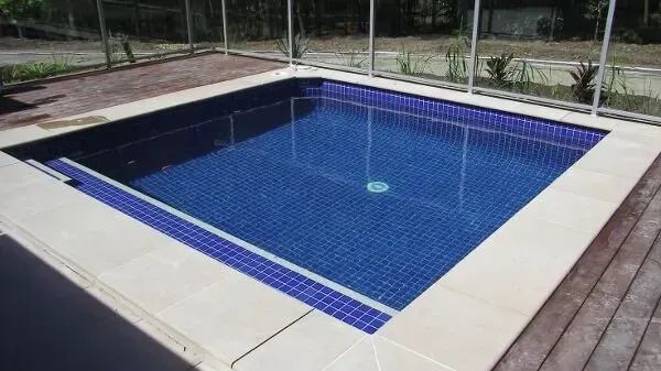 Empty blue-tiled swimming pool with a rope in the center, surrounded by a wooden deck and fence.