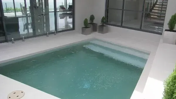 Indoor courtyard pool with clear water, glass doors, and potted plants surrounding it