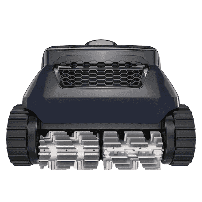 Front view of a dark blue robotic vehicle with tank treads and a silver underside
