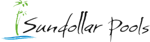 Sun Dollar Pools logo with black script text and green palm tree over blue wave lines