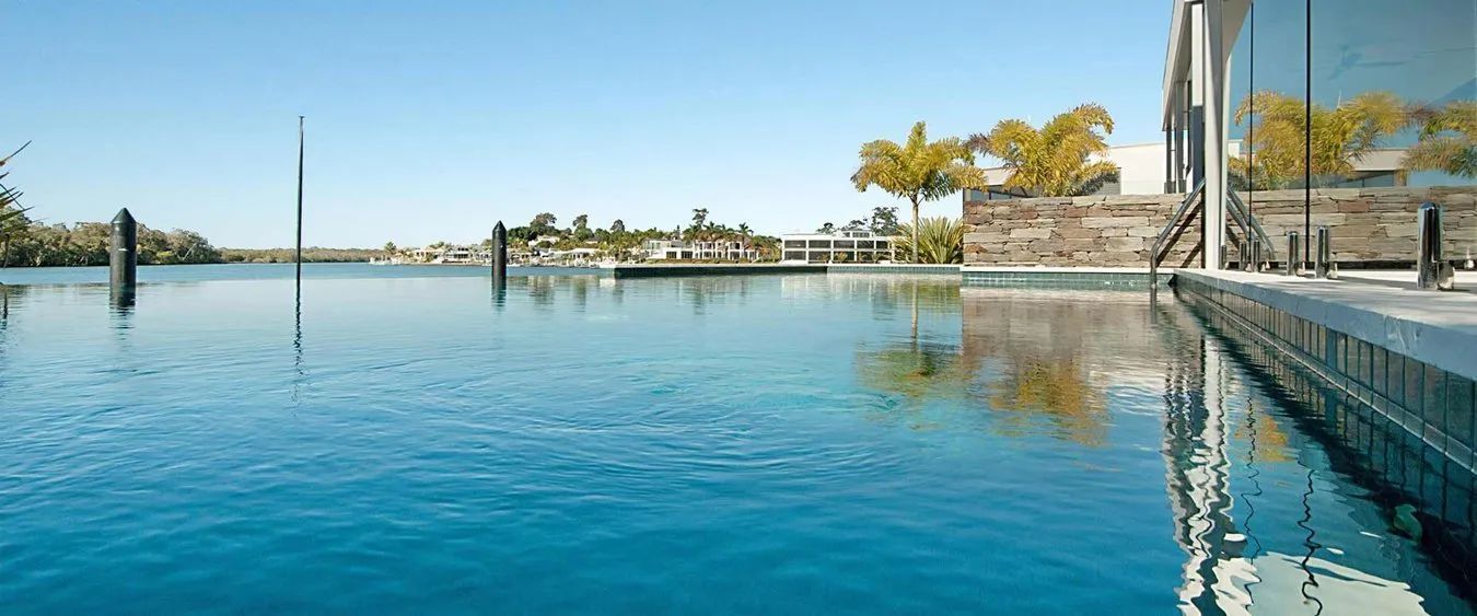 Infinity pool overlooking a calm waterfront with palm trees and a bright blue sky