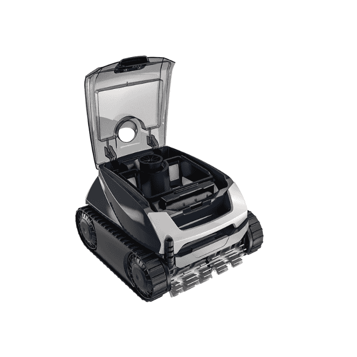 Compact black robotic pool cleaner with open clear lid and wheels, shown on a white background
