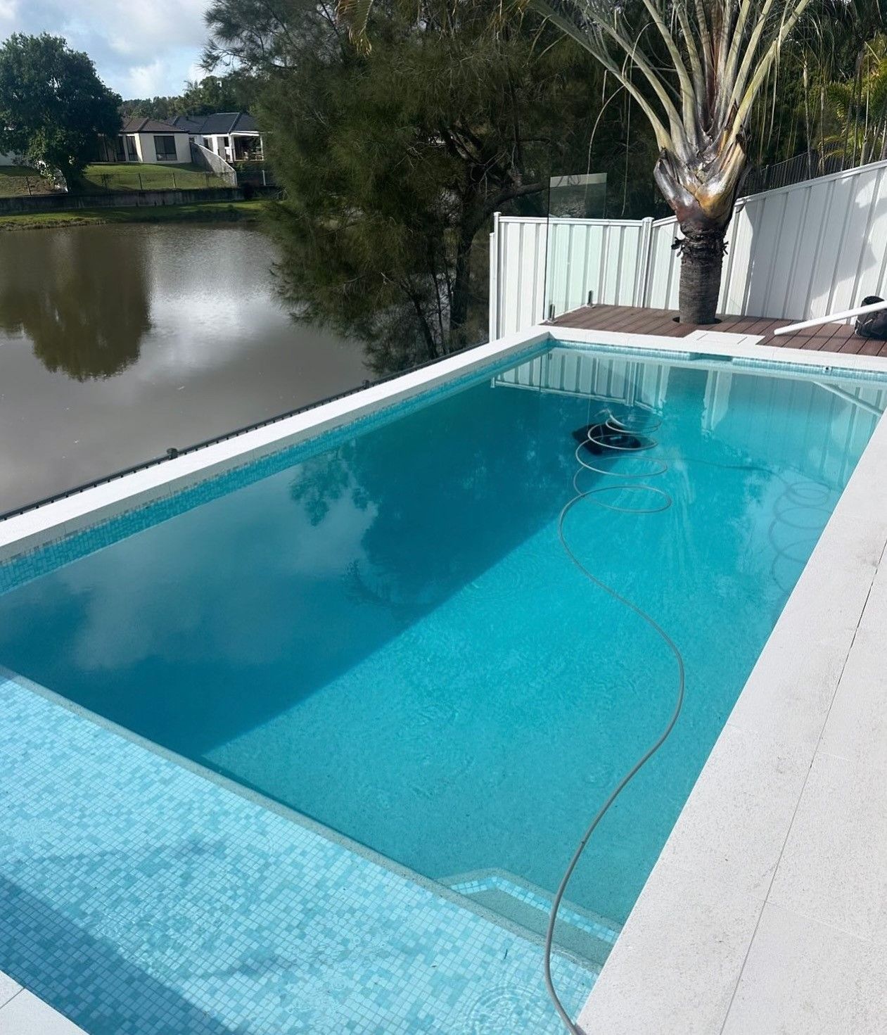 Turquoise backyard pool beside a canal, with a palm tree and white fence in the background.