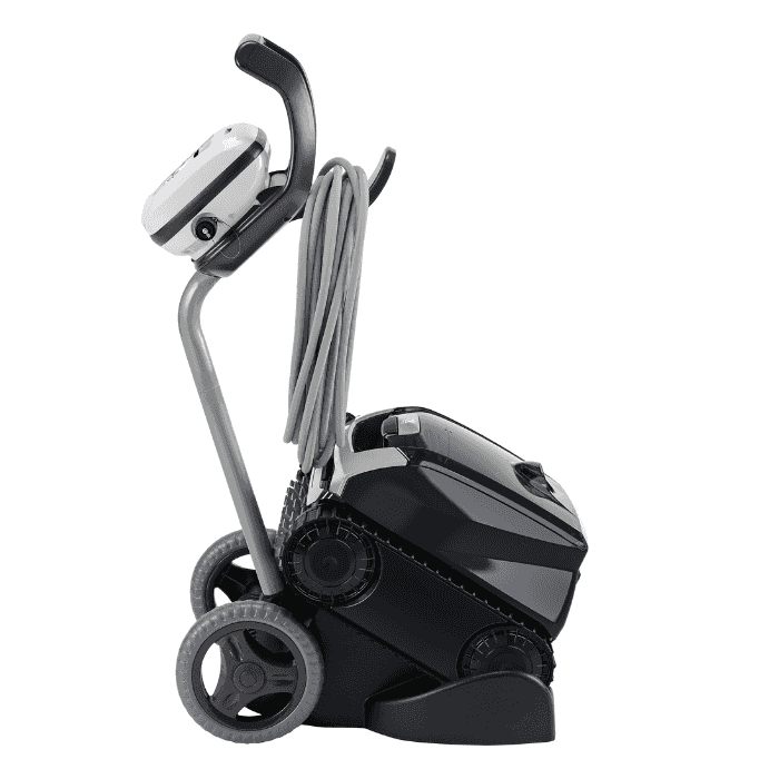 Black canister vacuum cleaner with hose and wand on a white background