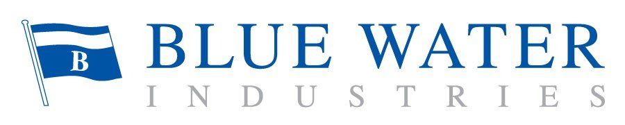 A blue water industries logo with a blue flag