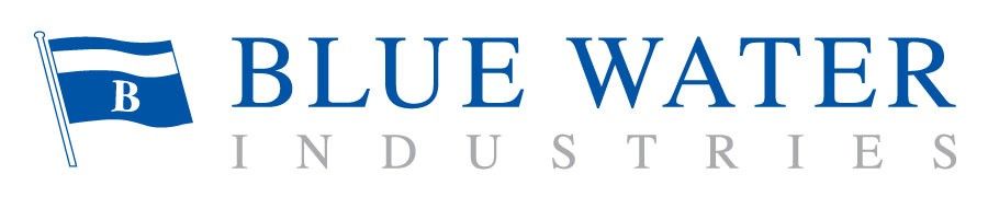 A blue water industries logo with a blue flag