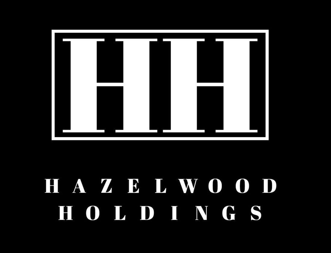 The logo for hazelwood holdings is white on a black background.