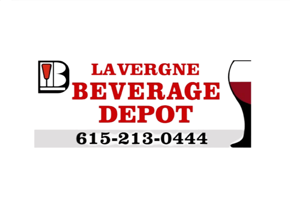 A logo for la vergne beverage depot with a wine glass