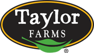 The logo for taylor farms is a black oval with a green leaf on it.