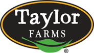 The logo for taylor farms is a black oval with a green leaf on it.