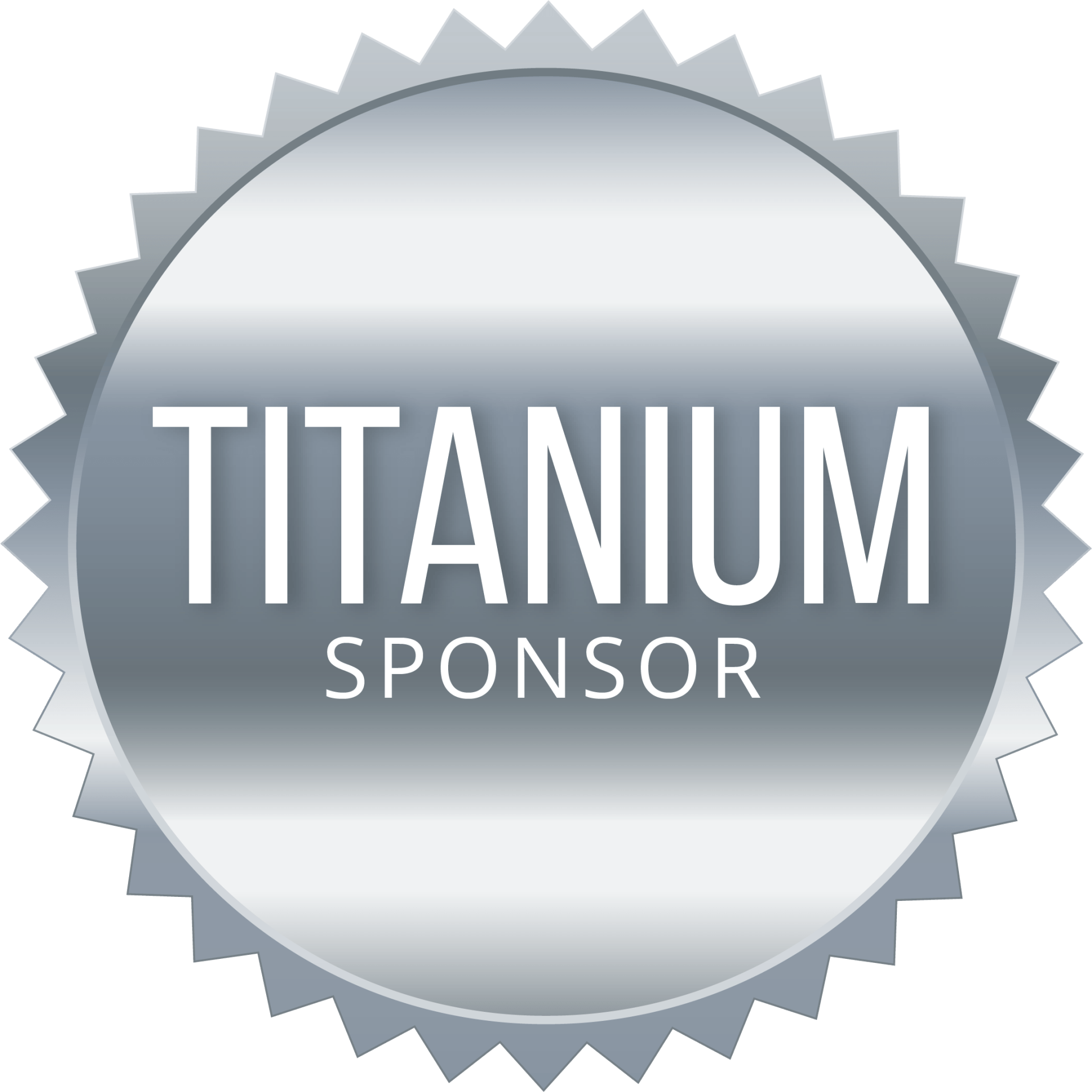 A silver titanium sponsor badge with a sunburst.