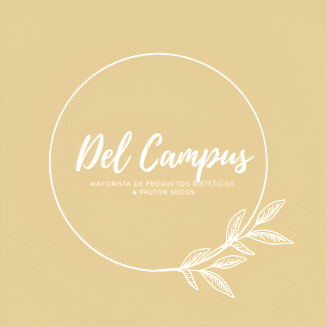 Logotipo de Del Campus. Texto cursivo blanco dentro de un círculo sobre fondo tostado. Incluye ilustración de la sucursal.