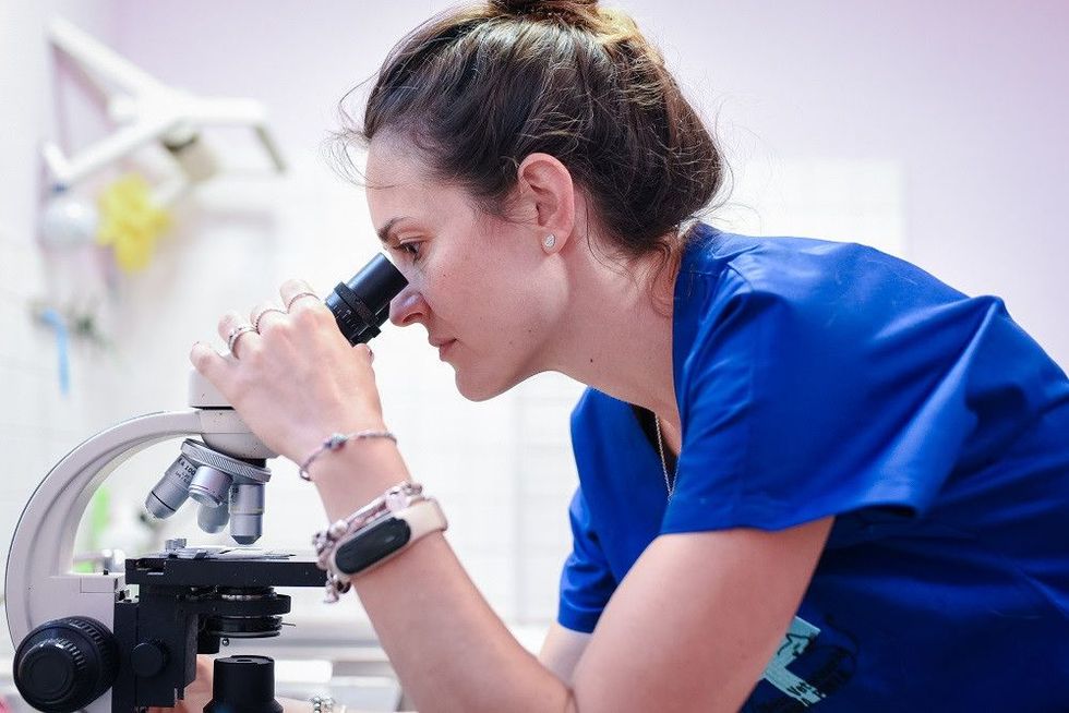 Scienziato in camice blu che osserva al microscopio in laboratorio