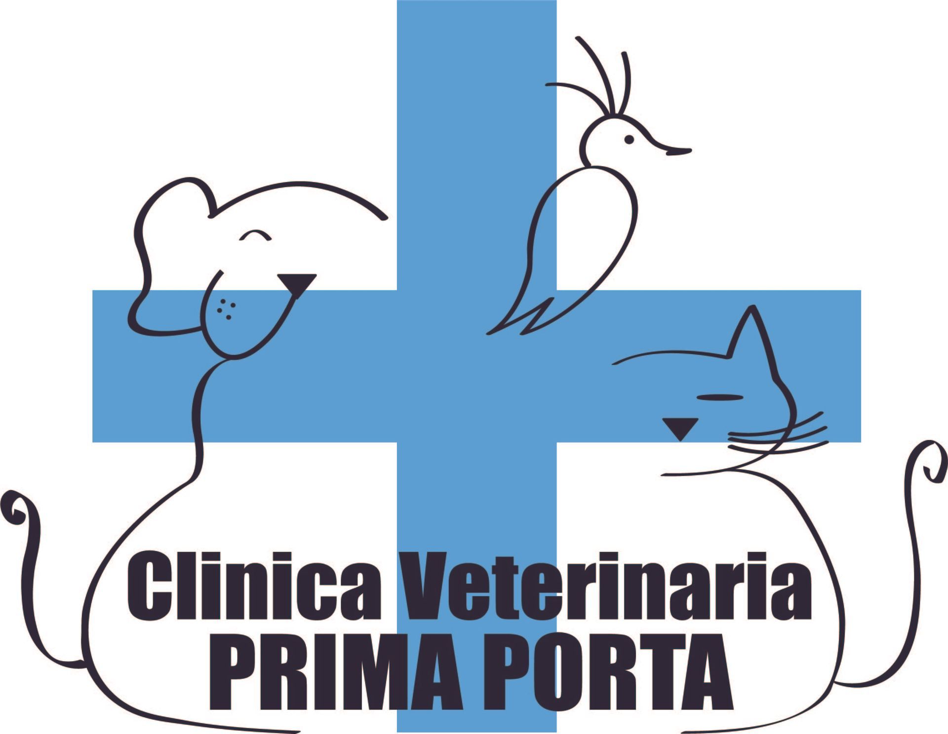 Logo della Clinica Veterinaria Prima Porta con croce blu e gatto, cane e coniglio disegnati a tratto.