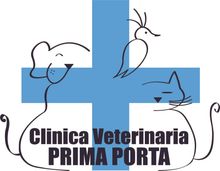 Logo della Clinica Veterinaria Prima Porta con croce blu e gatto, cane e coniglio disegnati a tratto.