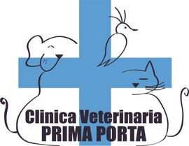 Logo della Clinica Veterinaria Prima Porta con croce blu e gatto, cane e coniglio disegnati a tratto.