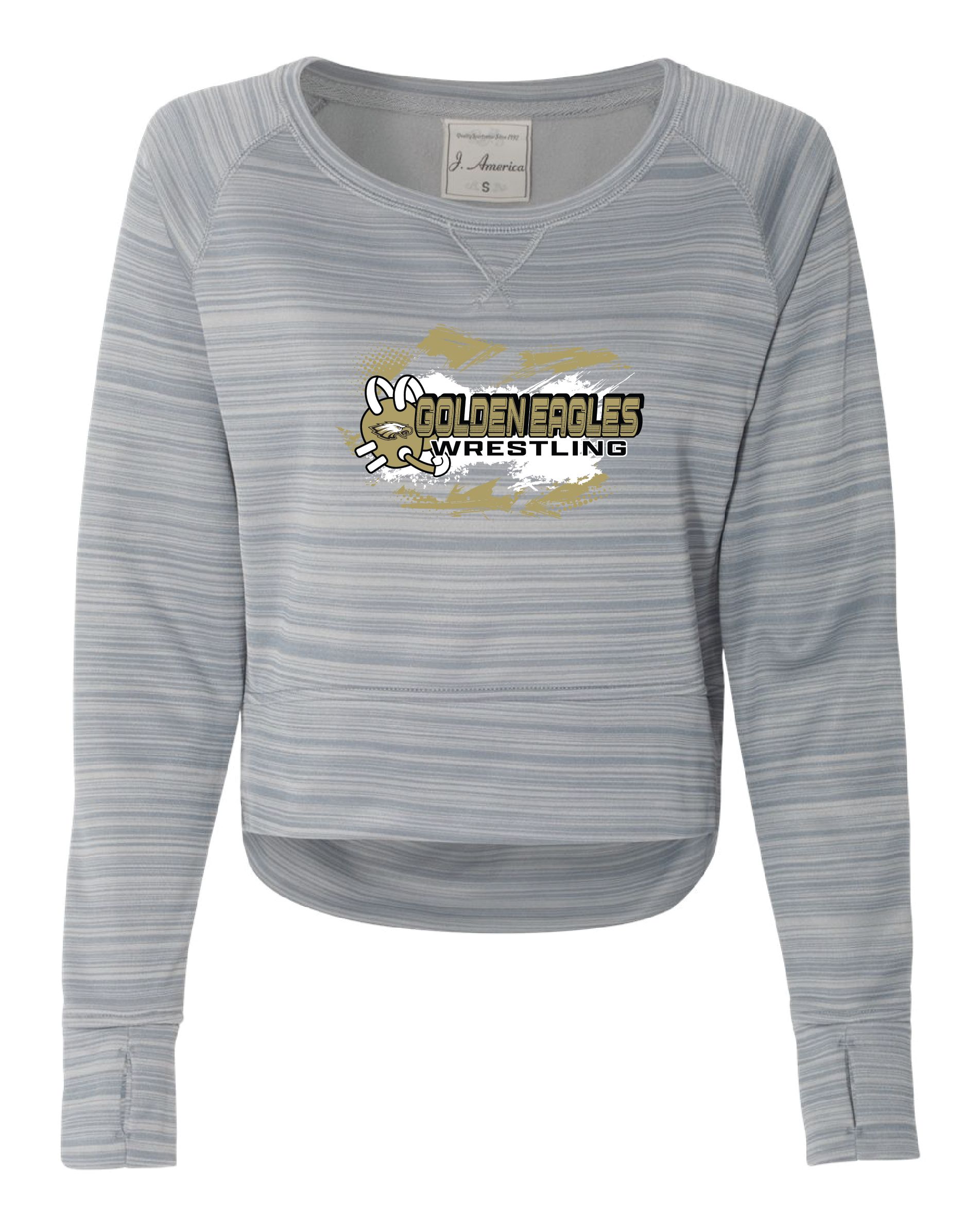 8663 J America Women's Odyssey Striped Performance Fleece Hi-Low Crewneck Sweatshirt