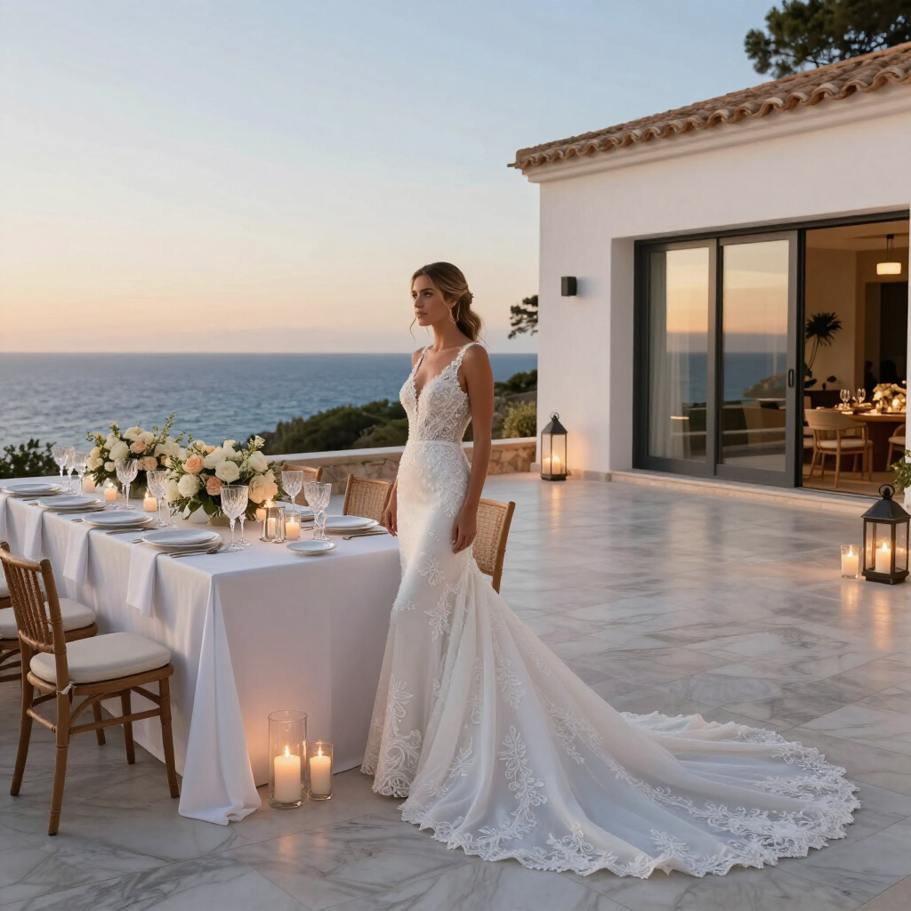 Bride in a lace gown standing on a seaside terrace set for an elegant sunset wedding dinner.