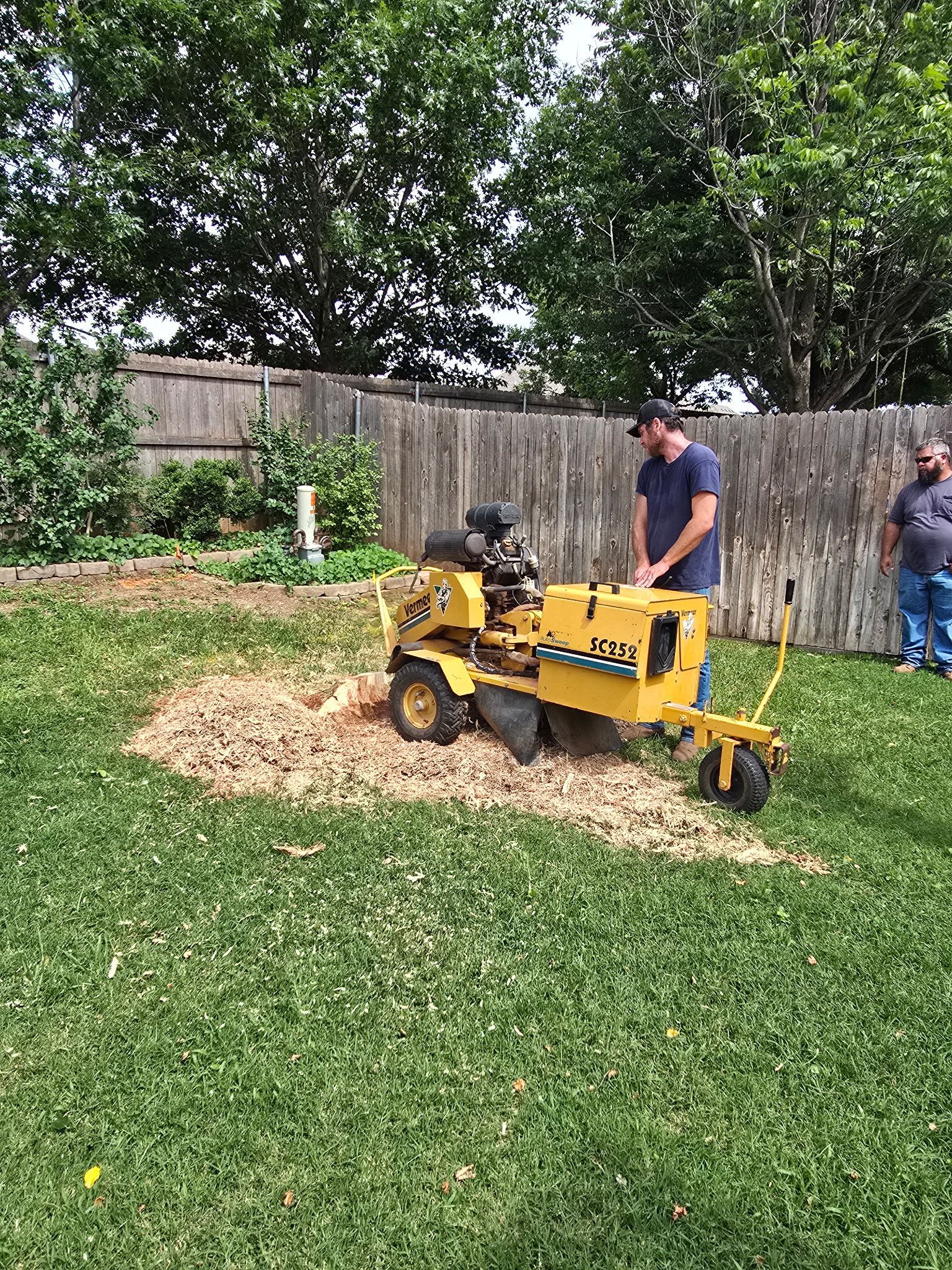 Yellow lawn mower on a grassy yard, with a man standing beside it near a fence and tree line.