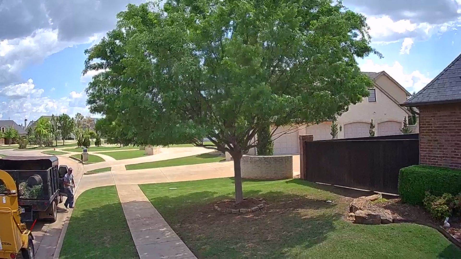 Suburban front yard with a large tree, sidewalk, and houses under a partly cloudy sky