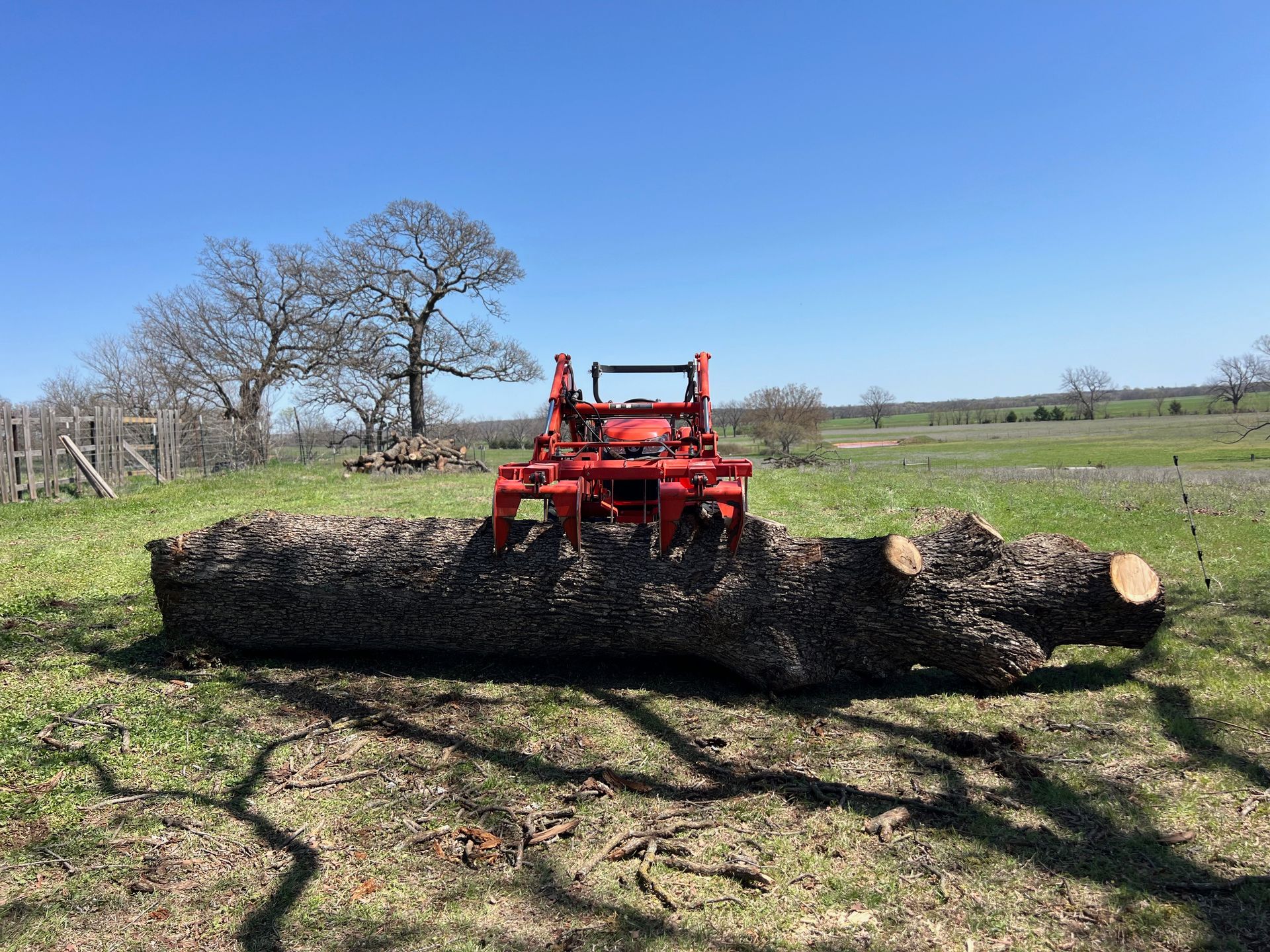Red tractor lifting a fallen tree trunk in a grassy field under a blue sky
