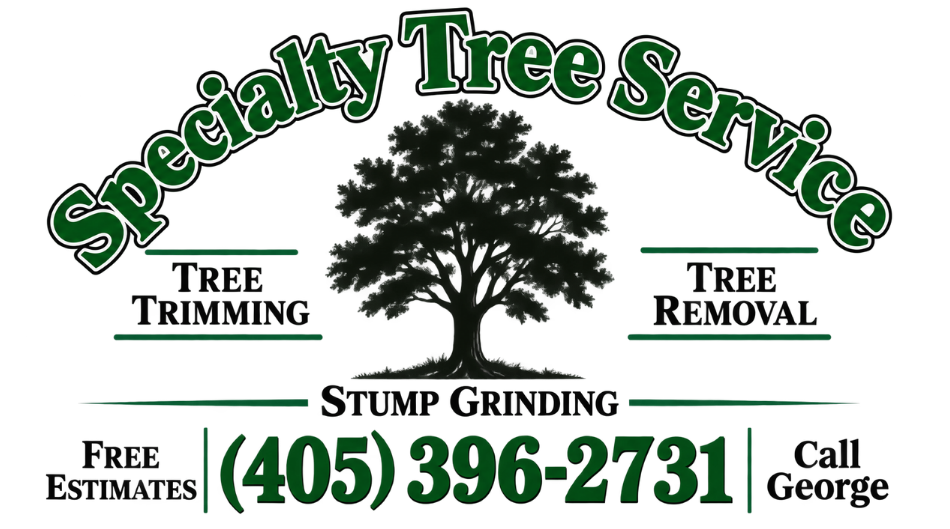 Specialty Tree Service ad with tree logo, tree trimming, stump grinding, tree removal, phone (405) 396-2731
