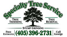 Specialty Tree Service ad with tree logo, tree trimming, stump grinding, tree removal, phone (405) 396-2731