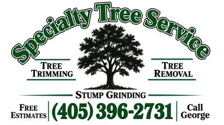 Specialty Tree Service ad with tree logo, tree trimming, stump grinding, tree removal, phone (405) 396-2731