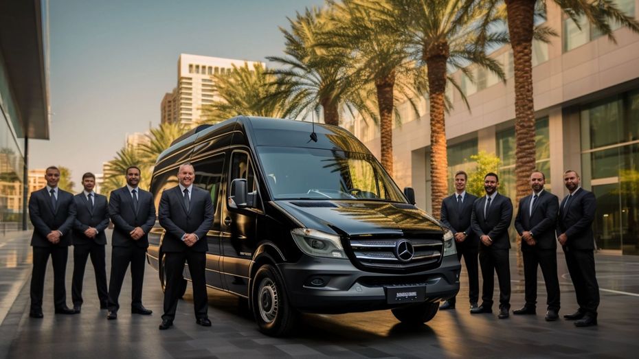 Black Mercedes van with suited security team standing outside a modern building with palm trees