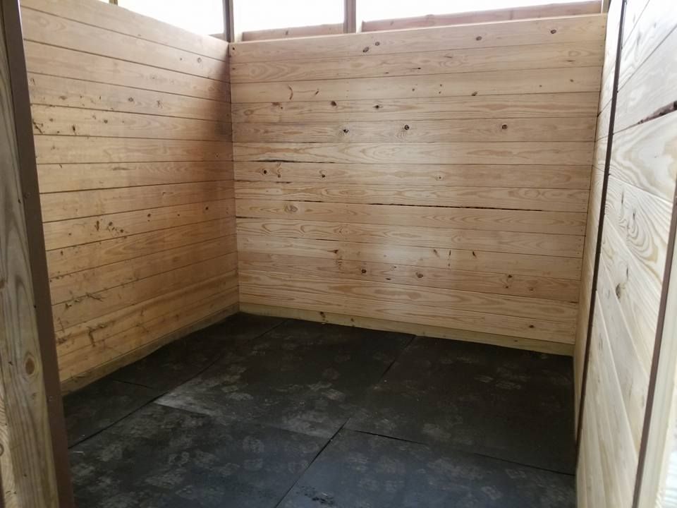 A view into a small, empty enclosure featuring light-colored horizontal wooden plank walls and a dark rubber mat floor.