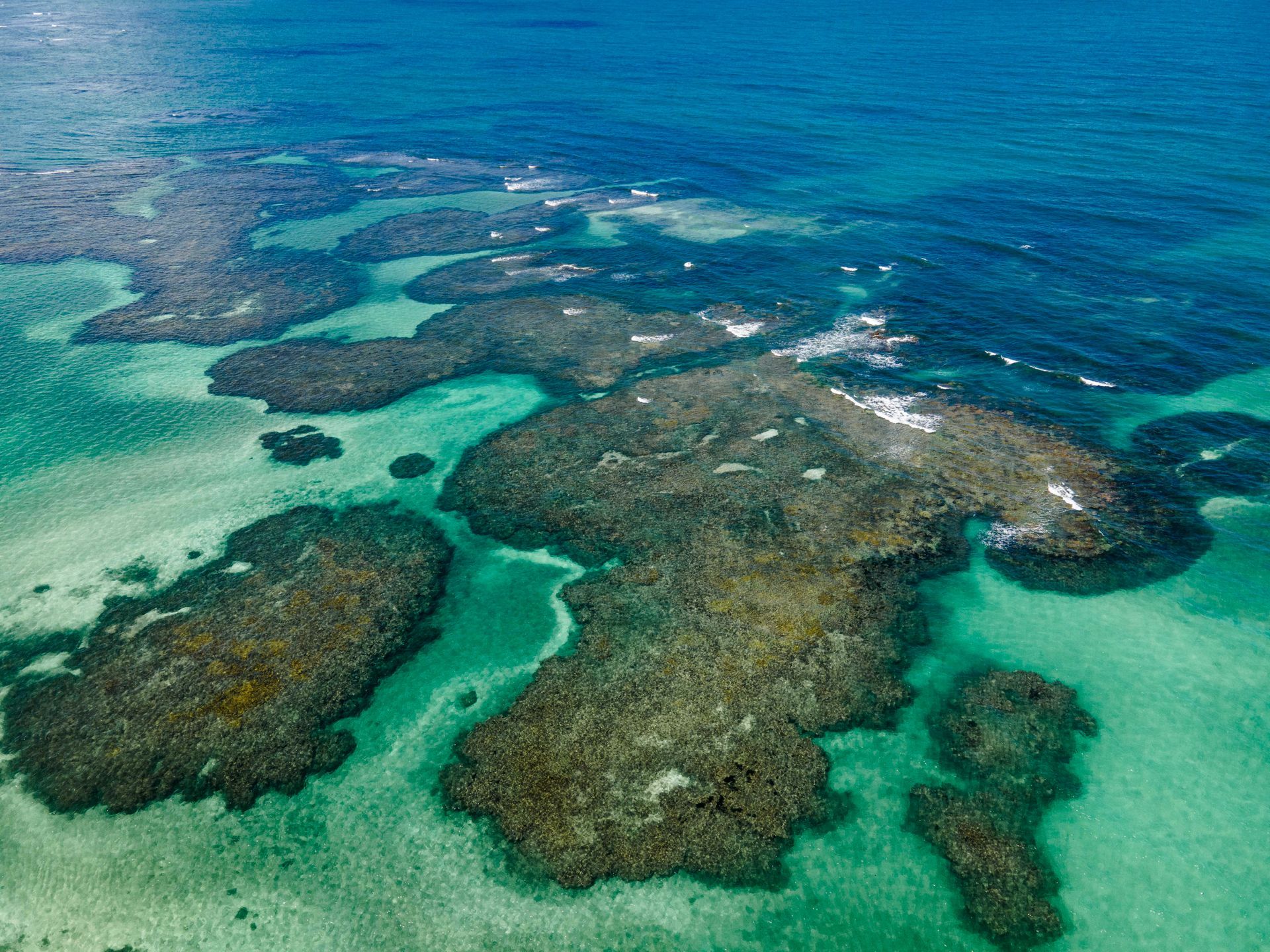 Vista aérea das piscinas naturais de Porto de Galinhas mostrando recifes de coral em padrões geométr