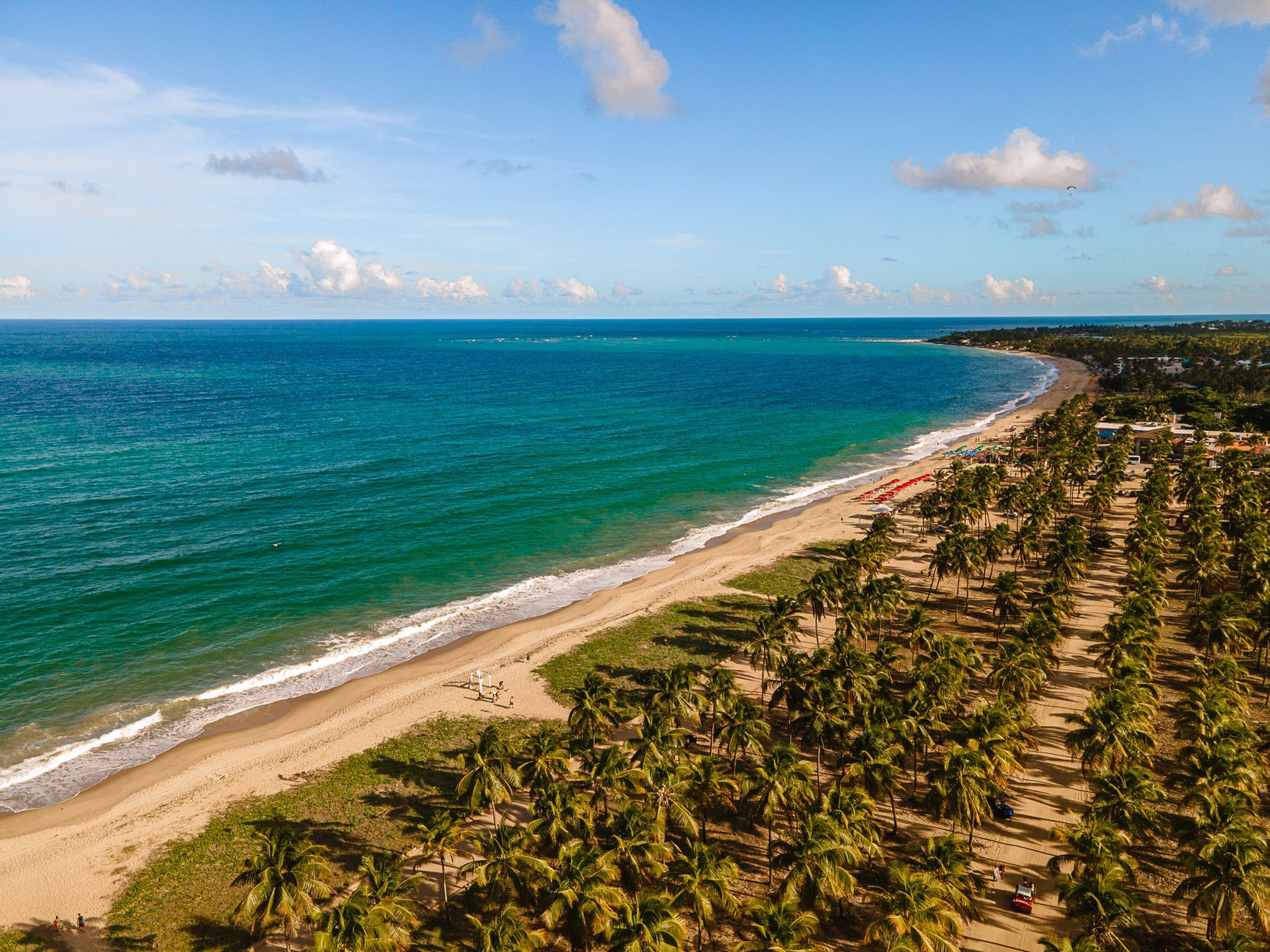 Uma visão aérea da praia, com uma grande faixa de areia  e coqueiros. O mar tem uma coloração azul-turquesa e forma pequenas ondas que chegam à praia. O céu azul claro tem poucas nuvens esparsas.