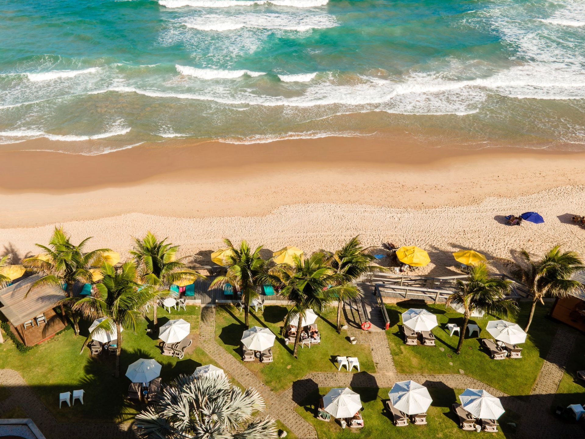 Imagem de drone do jardim do hotel com vista para o mar, mostrando guarda-sóis, espreguiçadeiras e coqueiros altos.