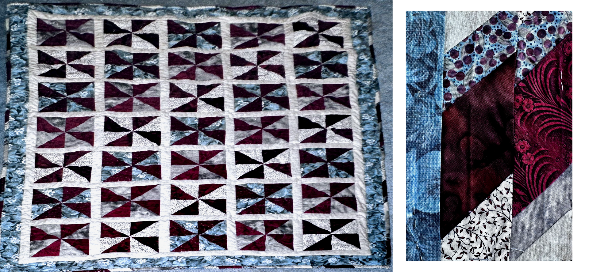 Quilt for Ray and Celia plus materials sample block