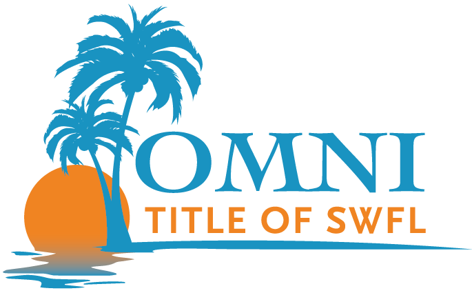 Logo for Omni Title of SWFL. Blue palm trees and text. Orange sun and water reflection.