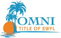 Logo for Omni Title of SWFL. Blue palm trees and text. Orange sun and water reflection.